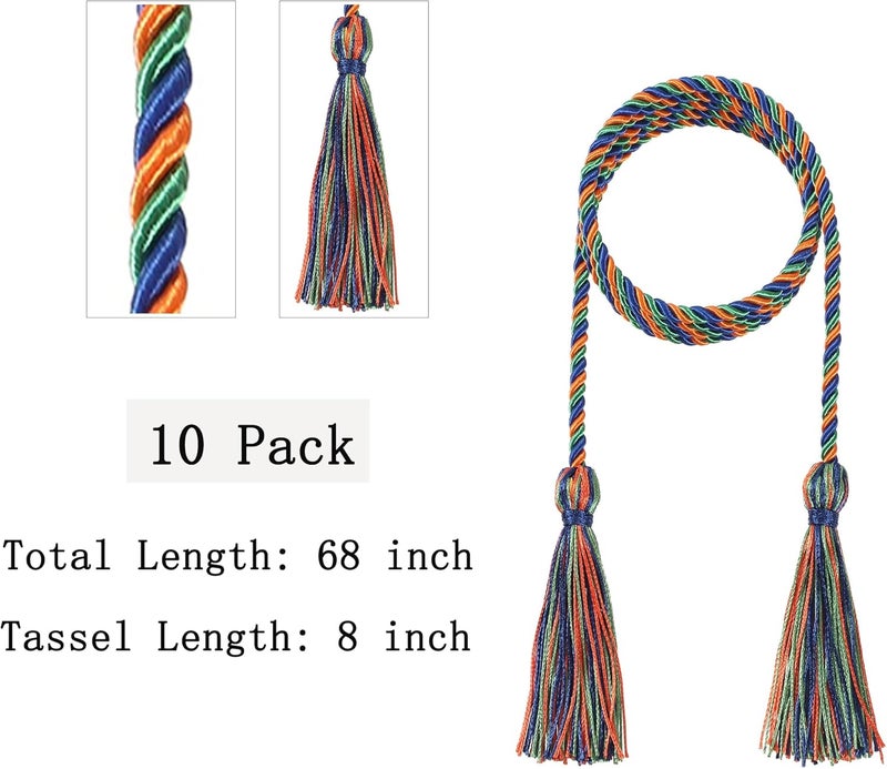 D DODOU 10 Pieces Graduation Cords Polyester Graduation Honor Braided Cords with Sewing Tassels for Bachelor, Master, Doctor 68" Long (Royal Blue Green Orange) - Image 3